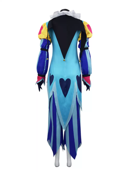 Shadora Fizzarolli Hazbin Hotel cosplay costume featuring colorful fabric, character details, and accessories on a mannequin.