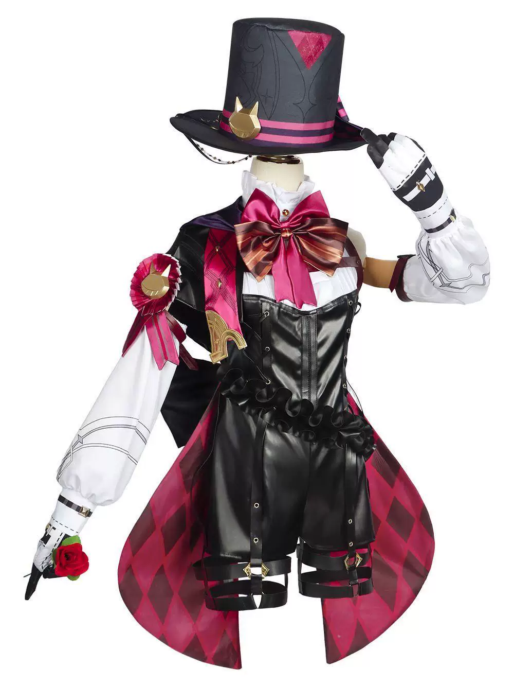 Lyney cosplay costume with pink hair wig from Shadora, featuring detailed outfit and vibrant peruk for character dressing.