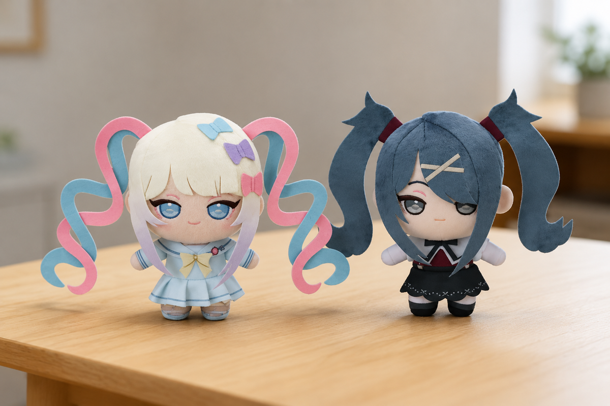 Shadora Kangel & Ame Chan Peluş plush toys with colorful, soft fabric and detailed character designs on a plain background.