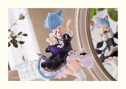 Rem figurine from Re:Zero by Shadora, featuring Rem in her detailed costume and pose, with a vibrant background.