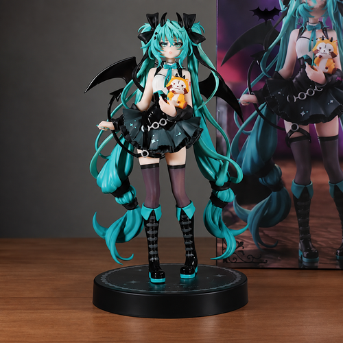 Shadora Satan Hatsune Miku figure standing on a display base, detailed anime-style character with turquoise hair and futuristic outfit.