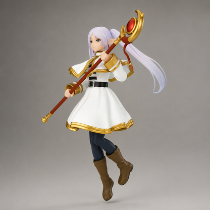 Shadora Frieren figurine displayed on a stand, detailed craftsmanship, showcasing the anime character's attire and features.