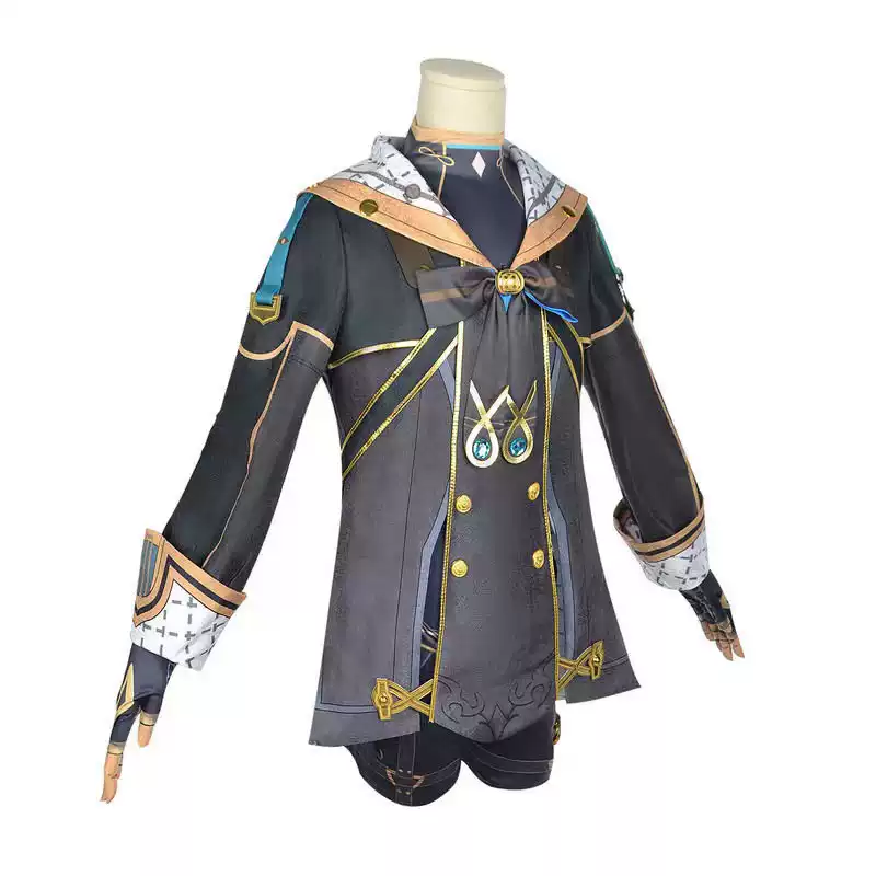 Shadora Freminet Genshin Impact cosplay costume with matching wig, featuring detailed blue and white outfit and accessories.