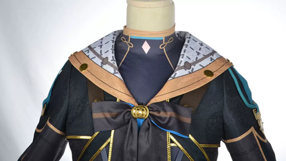 Shadora Freminet cosplay costume with wig from Genshin Impact, featuring detailed blue and white outfit and styled wig.