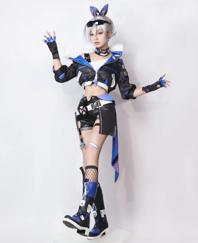 Silver wolf cosplay costume and wig from Honkai Star Rail by Shadora, featuring detailed costume and styled silver wig.