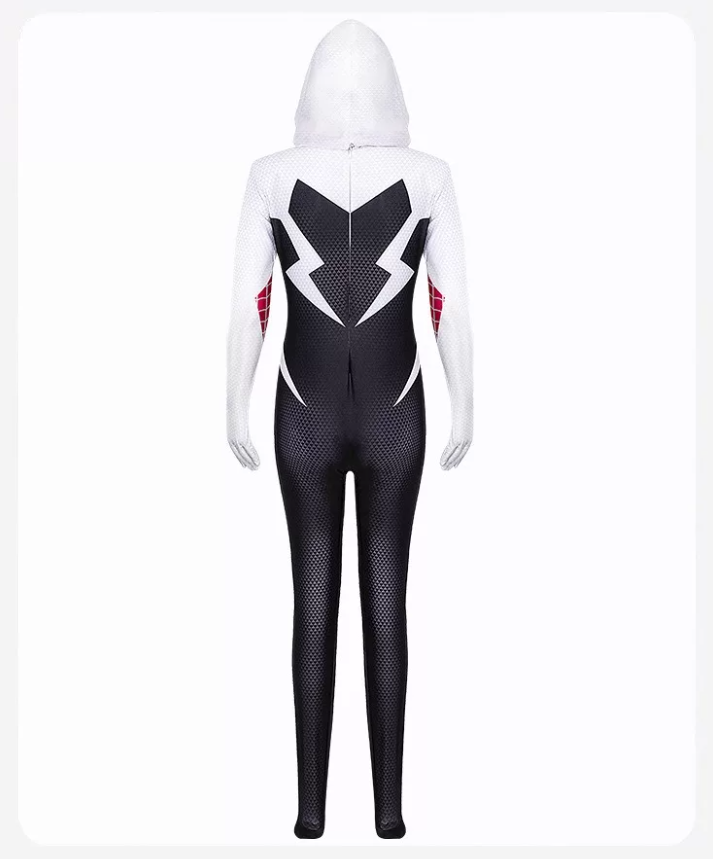 Shadora Gwen Stacy cosplay costume featuring a red and blue outfit with a web pattern, styled to resemble the comic book character.