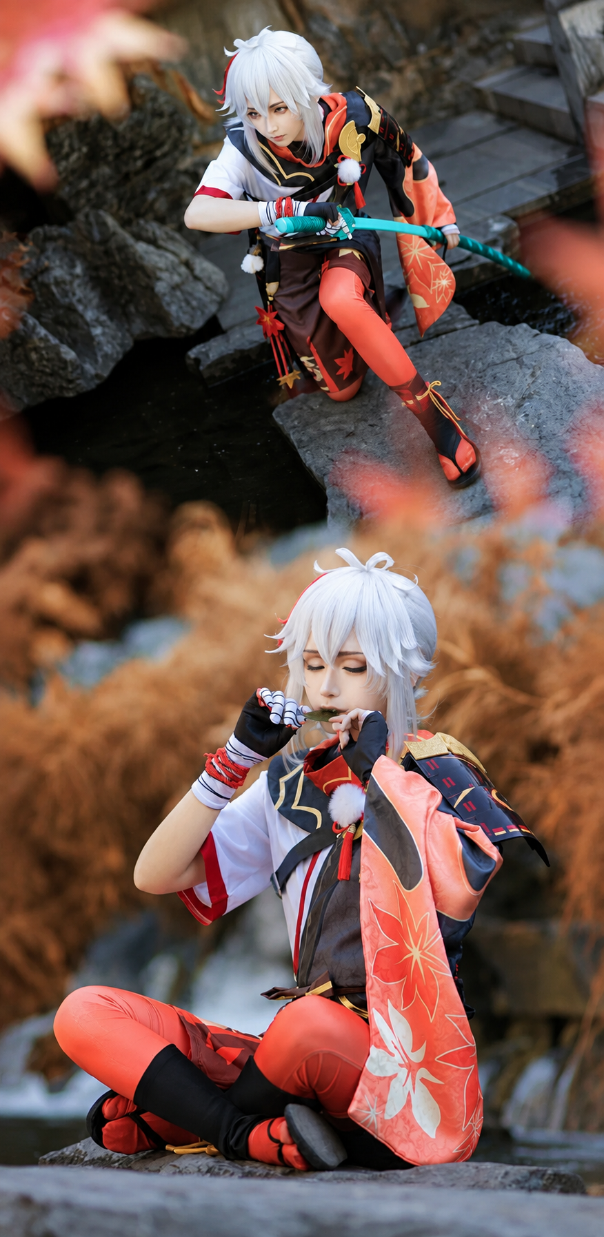 Shadora Kazuha cosplay with matching wig, detailed costume featuring traditional Japanese design and vibrant colors.