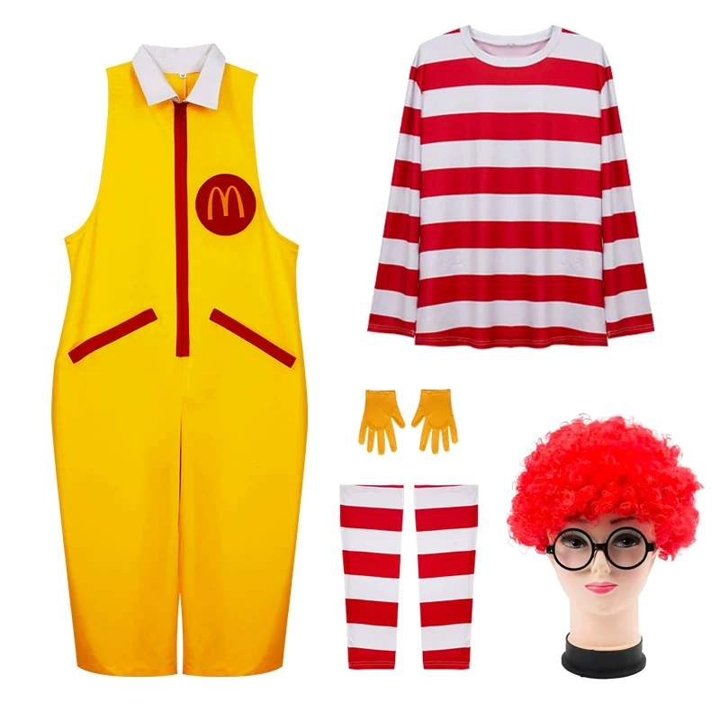 Ronald McDonald cosplay costume by Shadora featuring bright red hair, yellow jumpsuit, and clown makeup for costume dressing.