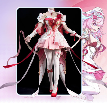 Shadora Elysia Cosplay with wig from Honkai Impact featuring detailed costume and vibrant pink hair.