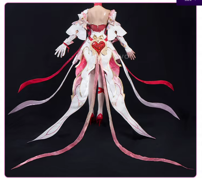 Shadora Elysia cosplay costume with pink and white hair wig from Honkai Impact, featuring detailed costume and accessories.