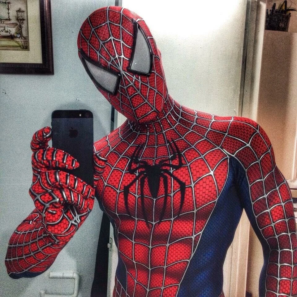 Shadora Spider-Man Tobey Maguire cosplay costume featuring red and blue suit with web patterns, displayed on a mannequin.