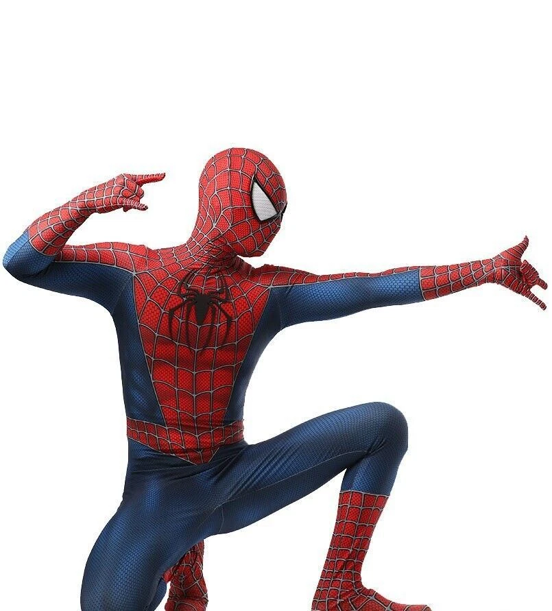 Shadora Tobey Maguire Spider-Man cosplay costume featuring red and blue suit with web design and mask for Halloween or cosplay.