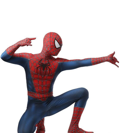 Shadora Tobey Maguire Spider-Man cosplay costume featuring red and blue suit with web design and mask for Halloween or cosplay.