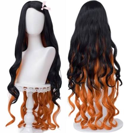 Nezuko cosplay costume with wig from Shadora, featuring pink kimono, bamboo mouthpiece, and long black and orange hair wig.