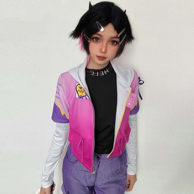 Clove cosplay and wig from Valorant featuring Shadora brand, with detailed costume and vibrant pink wig for gaming cosplay.