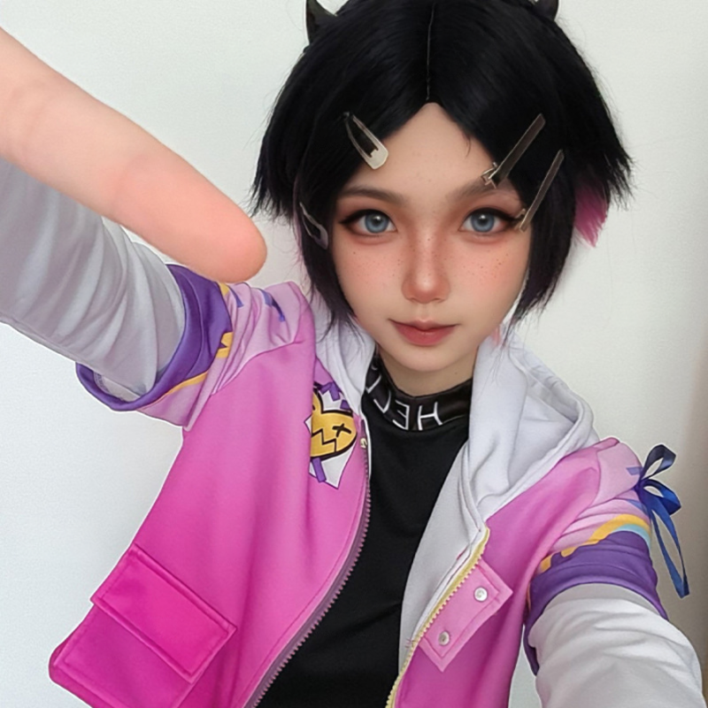 Clove cosplay and wig from Valorant, featuring detailed costume and styled pink hair, by Shadora.